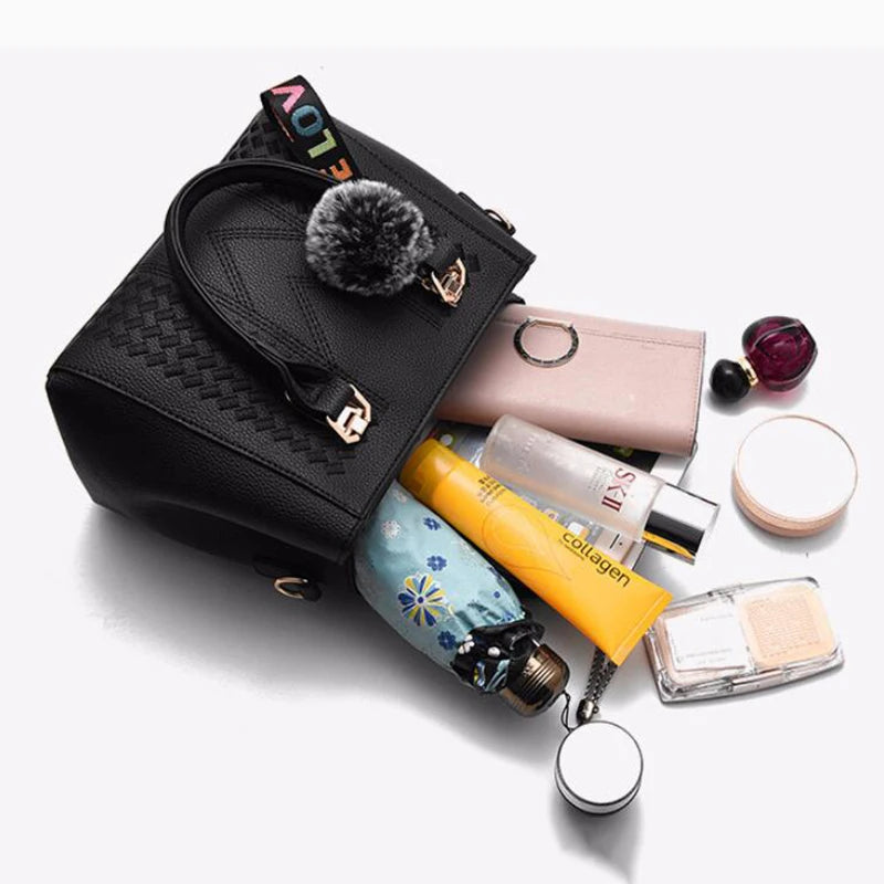 Bolsa Feminina de Ombro Bordada com Pompom – Estilo Casual em Couro PU, Alça Transversal e Compartimentos Internos