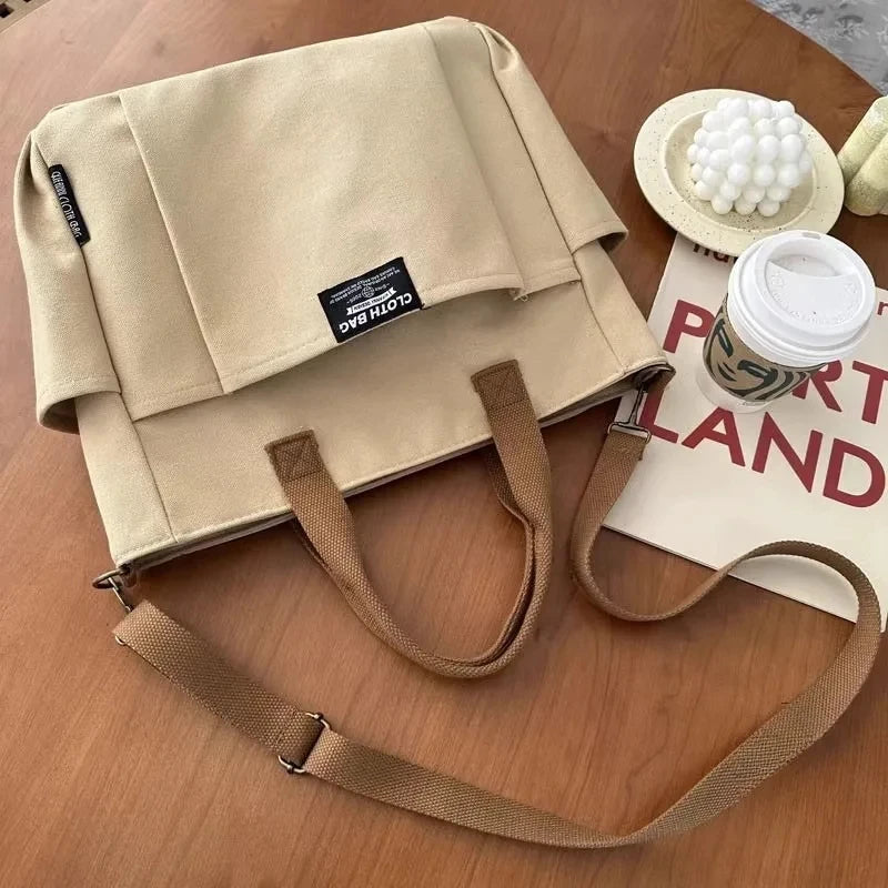 Bolsa Tote Feminina de Lona – Estilo Urbano Minimalista, Grande Capacidade e Alça Transversal, Ideal para Trabalho e Faculdade